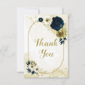 素晴らしいネイビーブルーアイボリー花金ゴールド幾何学模様 サンキューカード (正面)
