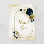 素晴らしいネイビーブルーアイボリー花金ゴールド幾何学模様 サンキューカード (正面/裏面)