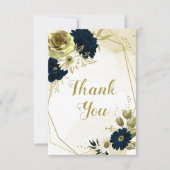 素晴らしいネイビーブルーアイボリー花金ゴールド幾何学模様 サンキューカード (正面)