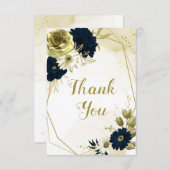 素晴らしいネイビーブルーアイボリー花金ゴールド幾何学模様 サンキューカード (正面/裏面)