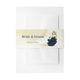 素晴らしいネイビーブルーアイボリー金ゴールド結婚の花 招待状ベリーバンド