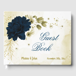 素晴らしいネイビーブルーアイボリー金ゴールド花 ゲストブック