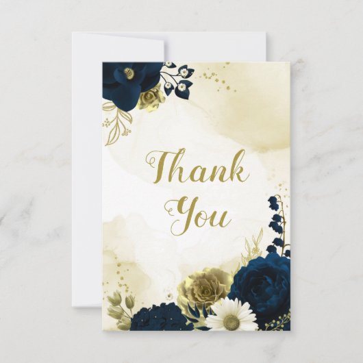 素晴らしいネイビーブルーアイボリー金ゴールド花 サンキューカード (正面)