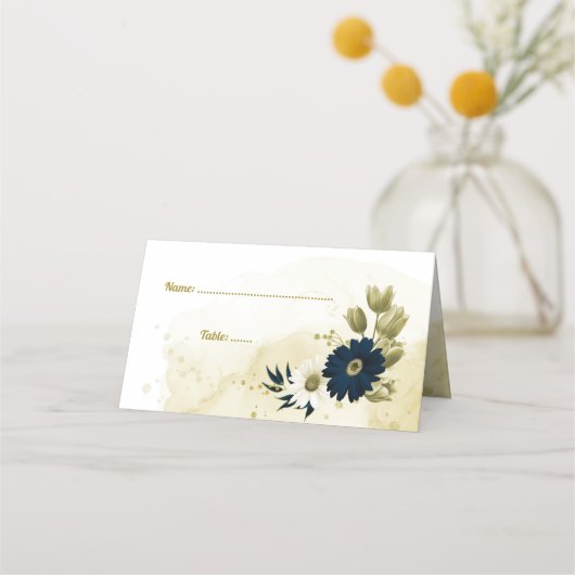 素晴らしいネイビーブルーアイボリー金ゴールド花 プレイスカード (正面)