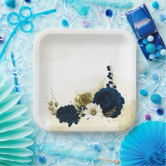 素晴らしいネイビーブルーアイボリー金ゴールド花 ペーパープレート (パーティー)