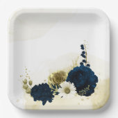 素晴らしいネイビーブルーアイボリー金ゴールド花 ペーパープレート (正面)