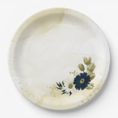 素晴らしいネイビーブルーアイボリー金ゴールド花 ペーパープレート (正面)