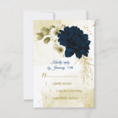 素晴らしいネイビーブルーアイボリー金ゴールド花 出欠カード (正面)