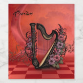 素晴らしいハープとカラフルの花。 ワインラベル (シングルラベル)