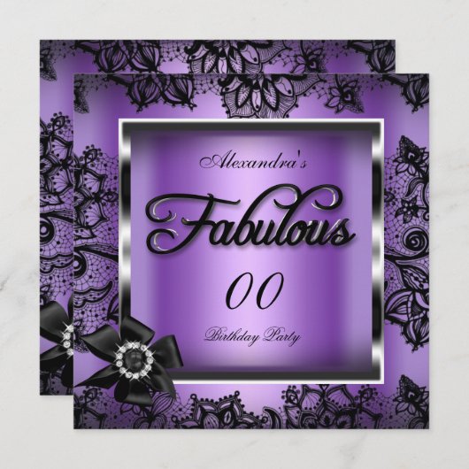 素晴らしいパーティーパープルダマスブラックレースパール 招待状 (正面/裏面)