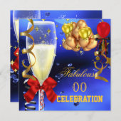 素晴らしいパーティーレッド金ゴールドブルーバースデーパーティー 招待状 (正面/裏面)