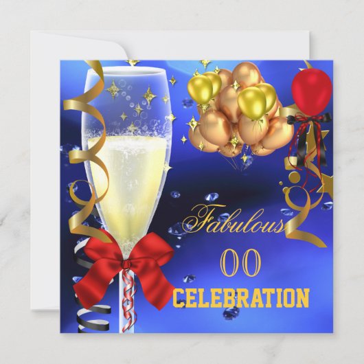 素晴らしいパーティーレッド金ゴールドブルーバースデーパーティー 招待状 (正面)