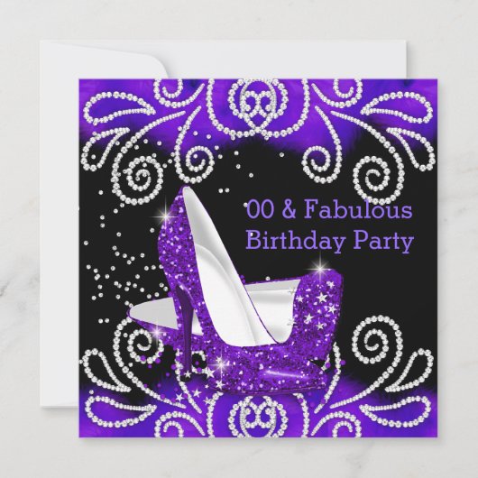 素晴らしいパープルグリッターハイヒールバースデーパーティー 招待状 (正面)