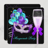 素晴らしいパープルティール(緑がかった色)ブラックマスカレードパーティー2 招待状 (正面/裏面)