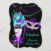 素晴らしいパープルティール（緑がかった色）ブラックマスカレードパーティー3 招待状 (正面/裏面)