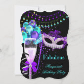 素晴らしいパープルティール(緑がかった色)ブラックマスカレードパーティー3 招待状 (正面)