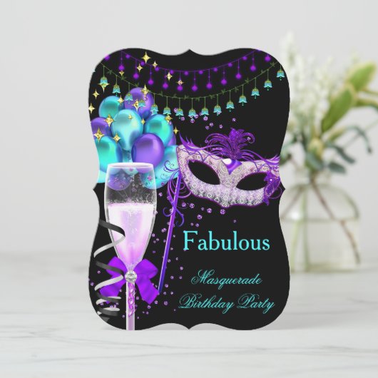 素晴らしいパープルティール(緑がかった色)ブラックマスカレードパーティー3 招待状 (スタンド正面)