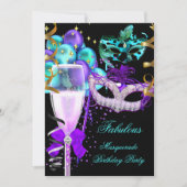 素晴らしいパープルティール(緑がかった色)ブラックマスカレードパーティー 招待状 (正面)