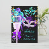 素晴らしいパープルティール(緑がかった色)ブラックマスカレードパーティー 招待状 (スタンド正面)