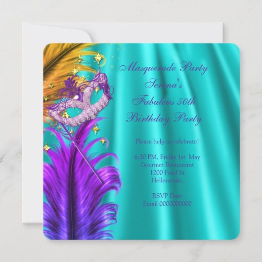 素晴らしいパープルティール（緑がかった色）仮装バースデーパーティー 招待状 (裏面)