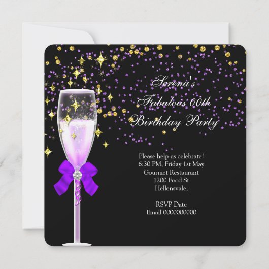 素晴らしいパープルヒール金ゴールドブラックバースデーパーティー 招待状 (裏面)