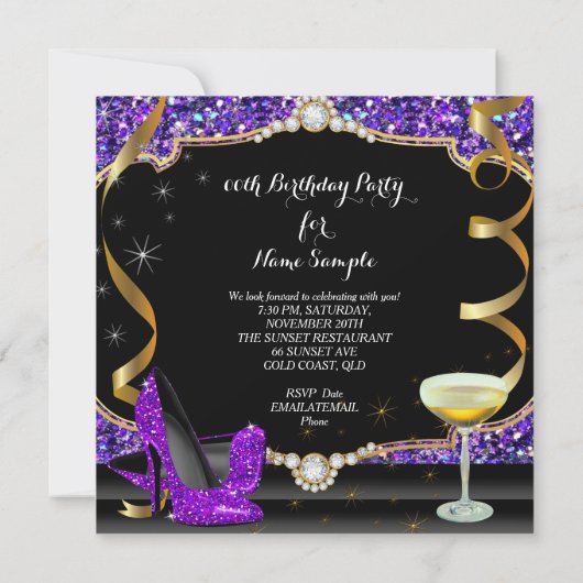 素晴らしいパープルブラックグリッター誕生日パーティー 招待状 (裏面)