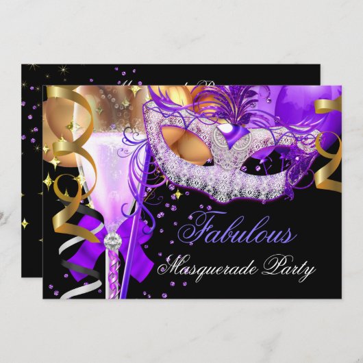 素晴らしいパープル金ゴールドブラックマスカレードパーティー3 招待状 (正面/裏面)