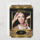 素晴らしいヒョウ誕生日パーティブラック金ゴールド写真 招待状 (正面)