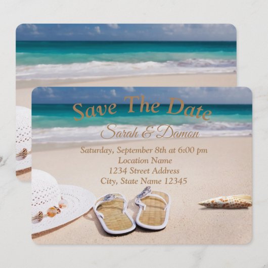 素晴らしいビーチ結婚式、Seashells日付を保存 セーブザデート (正面/裏面)