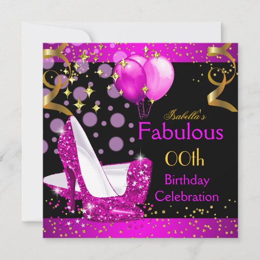 素晴らしいピンクのハイヒール金ゴールド誕生日パーティー 招待状 (正面)