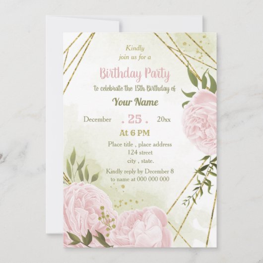 素晴らしいピンクの花の緑の誕生日パーティー 招待状 (正面)