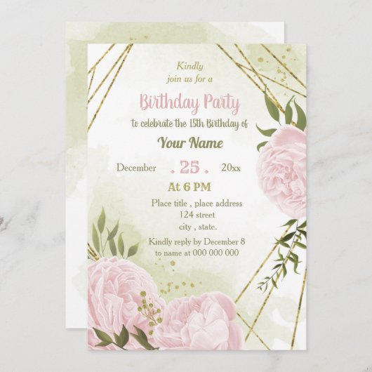 素晴らしいピンクの花の緑の誕生日パーティー 招待状 (正面/裏面)