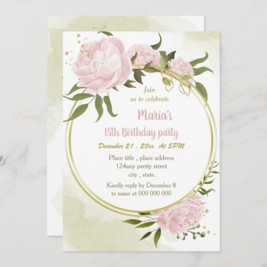 素晴らしいピンクの花金ゴールドリースパーティー 招待状 (正面/裏面)