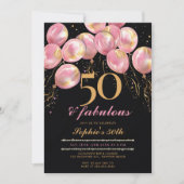 素晴らしいピンクバルーン金ゴールドブラック50誕生日 招待状 (正面)