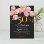 素晴らしいピンクバルーン金ゴールドブラック50誕生日 招待状 (スタンド正面)