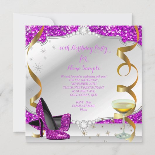 素晴らしいピンクパープルシルバーグリッター誕生日パーティー 招待状 (裏面)