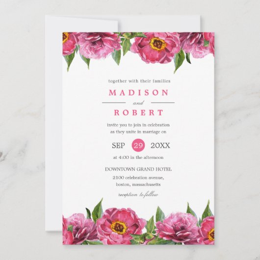 素晴らしいピンクマゼンタ牡丹の花シック結婚ズ 招待状 (正面)