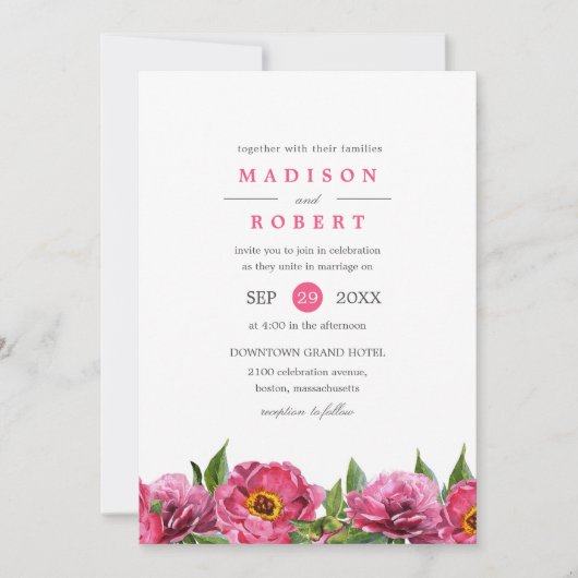 素晴らしいピンク色のマゼンダ縁どン結婚牡丹 招待状 (正面)