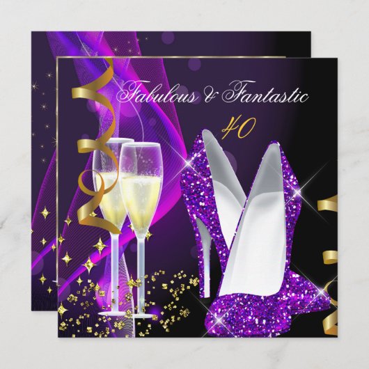 素晴らしいファンタスティックモダンパープル金ゴールド誕生日 招待状 (正面/裏面)