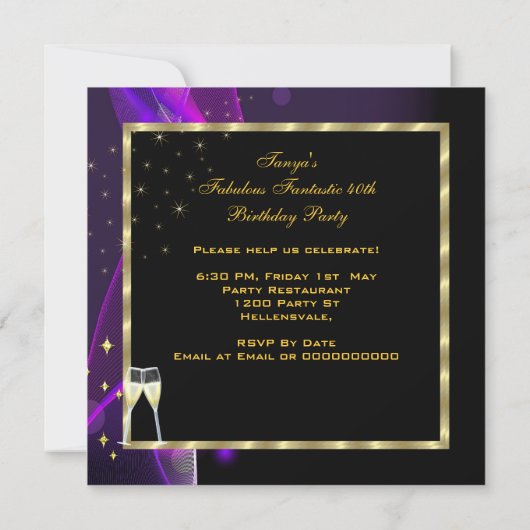 素晴らしいファンタスティックモダンパープル金ゴールド誕生日 招待状 (裏面)
