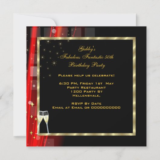 素晴らしいファンタスティック赤金ゴールドモダン誕生日パーティー 招待状 (裏面)