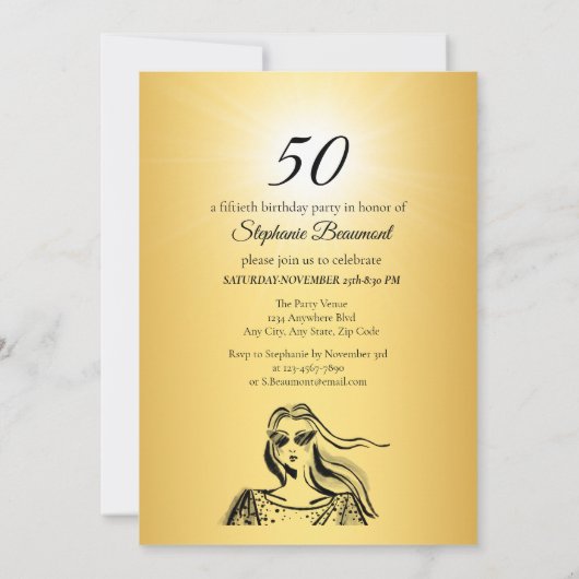 素晴らしいフィフティウーマン金ゴールドスケッチ50誕生日 招待状 (裏面)