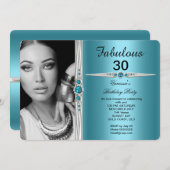 素晴らしいフォトバースデーパーティーティール(緑がかった色)ブルー 招待状 (正面/裏面)