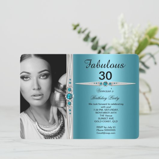 素晴らしいフォトバースデーパーティーティール(緑がかった色)ブルー 招待状 (スタンド正面)