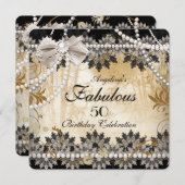 素晴らしいブラッククリームベージュレースアジアフローラパーティー 招待状 (正面/裏面)