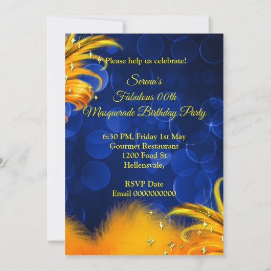 素晴らしいブルーイエローマスカレード誕生日パーティー 招待状 (裏面)