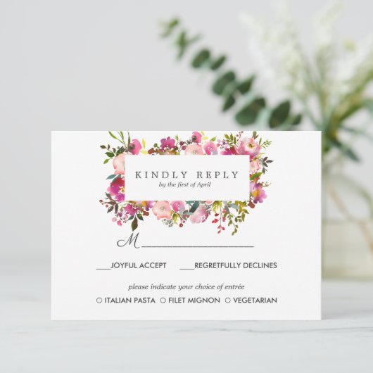 素晴らしいブルームの結婚式返信カード 披露宴食事オプション付き 出欠カード (スタンド正面)