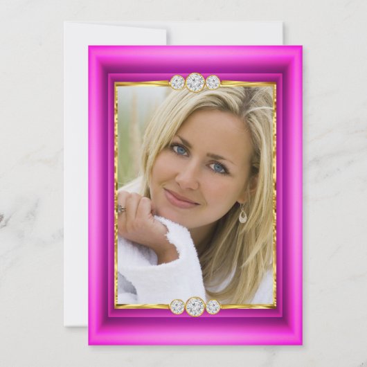 素晴らしいホットピンクの金ゴールド写真の誕生日パーティー 招待状 (裏面)