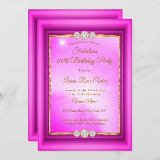 素晴らしいホットピンクの金ゴールド写真の誕生日パーティー 招待状 (正面/裏面)