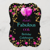 素晴らしいホットピンクティール（緑がかった色）ブルーバースデーパーティー 招待状 (正面/裏面)